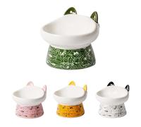 Whimsicalfox Raised Ceramic Cat Bowl, Elevated Cat Food Bowl for Indoor Cats, Raised Cat Food and Water Dish, Wide Deep Cat Dish with Two Ear Mixing Spoons, Whisker Fatigue, Easy to Clean (Green)