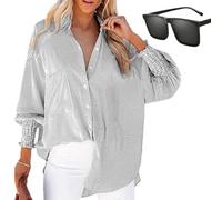 Whimsyard Aviationp Mid-Length Smocked Shirt with Striped Lapel and Oversized Drawdown Sleeves, Striped Button Down Shirt Ruffled Blouses Long Sleeve Women (Gray,XXL)