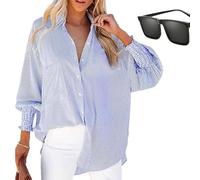 Whimsyard Aviationp Mid-Length Smocked Shirt with Striped Lapel and Oversized Drawdown Sleeves, Striped Button Down Shirt Ruffled Blouses Long Sleeve Women (Blue,S)