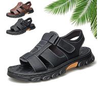 Whimsyard Breathable Summer Leather Sandals for Men,Mens Leather Flat Sandals Arch Support Orthotic Summer Slip on Open Toe Outdoor Sandalswith Adjustable Strap (Black,9)