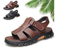 Whimsyard Breathable Summer Leather Sandals for Men,Mens Leather Flat Sandals Arch Support Orthotic Summer Slip on Open Toe Outdoor Sandalswith Adjustable Strap (Brown,11)