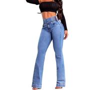 Whimsyard High-Waisted Flared Stretch Jeans,Women's Butt Lifting Tummy Control Trendy High Waisted Stretchy Button Fly Bell Bottoms Flared Denim Pants (Light Blue,M)