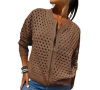 Whimsyard Women's Knitted Jacket with Zipper and Cutouts,Womens Zip Up Crochet Cardigan Sweater,Women Hollow Out Knit Top,Crochet Tops Knitted Outerwear (Brown,L)