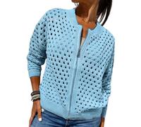 Whimsyard Women's Knitted Jacket with Zipper and Cutouts,Womens Zip Up Crochet Cardigan Sweater,Women Hollow Out Knit Top,Crochet Tops Knitted Outerwear (Sky Blue,XL)