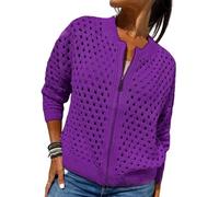 Whimsyard Women's Knitted Jacket with Zipper and Cutouts,Womens Zip Up Crochet Cardigan Sweater,Women Hollow Out Knit Top,Crochet Tops Knitted Outerwear (Purple,L)