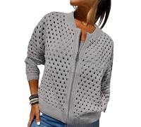 Whimsyard Women's Knitted Jacket with Zipper and Cutouts,Womens Zip Up Crochet Cardigan Sweater,Women Hollow Out Knit Top,Crochet Tops Knitted Outerwear (Light Gray,M)