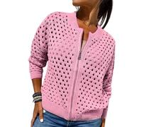 Whimsyard Women's Knitted Jacket with Zipper and Cutouts,Womens Zip Up Crochet Cardigan Sweater,Women Hollow Out Knit Top,Crochet Tops Knitted Outerwear (Pink,S)