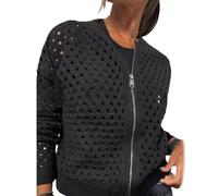 Whimsyard Women's Knitted Jacket with Zipper and Cutouts,Womens Zip Up Crochet Cardigan Sweater,Women Hollow Out Knit Top,Crochet Tops Knitted Outerwear (Black,XL)