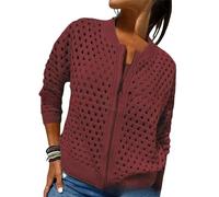 Whimsyard Women's Knitted Jacket with Zipper and Cutouts,Womens Zip Up Crochet Cardigan Sweater,Women Hollow Out Knit Top,Crochet Tops Knitted Outerwear (Wine Red,3XL)