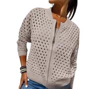 Whimsyard Women's Knitted Jacket with Zipper and Cutouts,Womens Zip Up Crochet Cardigan Sweater,Women Hollow Out Knit Top,Crochet Tops Knitted Outerwear (Khaki,S)