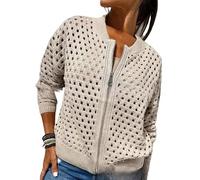 Whimsyard Women's Knitted Jacket with Zipper and Cutouts,Womens Zip Up Crochet Cardigan Sweater,Women Hollow Out Knit Top,Crochet Tops Knitted Outerwear (Apricot,XXL)