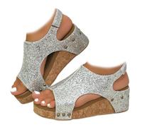 Whimsyard Women's Leather Wedge Orthopedic Sandals,Wide Width Platform Wedge Sandals,Women's Open Toe Buckle Ankle Strap Summer Platform Wed ge Sandal s (Sequin Silver,5)