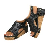 Whimsyard Women's Leather Wedge Orthopedic Sandals,Wide Width Platform Wedge Sandals,Women's Open Toe Buckle Ankle Strap Summer Platform Wed ge Sandal s (Sequin Black,7)