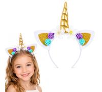 WHIOIUIl Gold Glitter Unicorn Horn Headband | Floral Roses Sparkly Ears Princess Birthday, Halloween Cosplay Costume Hair Accessory for Girls, Teens & Adults