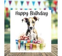 Whippet Dog Birthday Card with confetti and birthday Present. Space for your own message inside. Can be personalised - with Matching Envelope