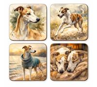 Whippet Greyhound Lurcher Artistic Watercolour Coaster Set, MDF, Square, 9cm x 9cm, Set of 4