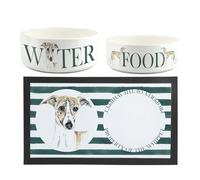 Whippet Pet Bowls & Mat Set - Painted Dog Portraits by Rhiannon Chauncey - White Ceramic Food & Water Dishes and Non-Slip Rubber Mat For Dogs (Set of 3)