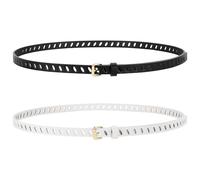 WHIPPY 2 Pack Skinny Leather Belts for Women with Pin Buckle Fashion Ladies Thin Waist Belts for Jeans Dresses Trousers Full-Hole Skinny Belt, Black White 39"