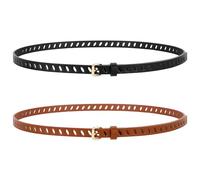 WHIPPY 2 Pack Skinny Leather Belts for Women with Pin Buckle Fashion Ladies Thin Waist Belts for Jeans Dresses Trousers Full-Hole Skinny Belt, Black Brown 47"
