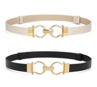 WHIPPY 2 Pack Women Leather Skinny Belts Fashion Ladies Thin Waist Belt with Gold Buckle for Dresses Pants,Black Beige 43 inches