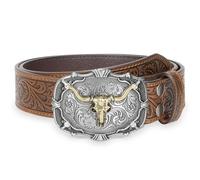 WHIPPY Mens Cowboy Belt Western Belts for Men Women with Engraved Floral Bull Head Buckle Western Leather Buckle Belt for Jeans,Brown-Copper 32"-36"
