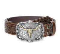 WHIPPY Mens Cowboy Belt Western Belts for Men Women with Engraved Floral Bull Head Buckle Western Leather Buckle Belt for Jeans,Coffee-Copper 44"-48"