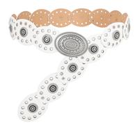 WHIPPY Women's Boho Disc Belt Hollow Wide Western Leather Belt Vintage Cowgirl Concho Chunky Waist Belts for Dresses Jeans,White(silver buckle),Fit Waist Size Up to 33"