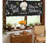 Whisk Kitchen Curtains, Rustic Farmhouse Pancakes Tomatoes Fall Black Rod Pocket Window Valance for Small Rv Sink Area Narrow Window 18x52 Inch