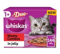 Whiskas 1+ Meaty Combos in Jelly, 144 x 85g Pouches, Complete & Balanced Adult Wet Cat Food with Chicken, Duck, Poultry & Turkey in Jelly, Bulk Pack