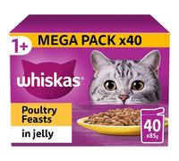 Whiskas 1 plus Adult Poultry Selection in Jelly 40 Pouches, Adult Wet Cat Food, Megapack (40 x 85 g)