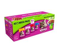 Whiskas 1+ - Pouch Mega Pack - Wet Cat Food for Adult Cats - Fish and Meaty Selection in Jelly - 40 x 100 g