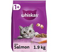 Whiskas 1+ Salmon Pack of 4 x 1.9 kg Bags, Adult Cat Dry Food