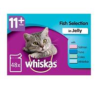whiskas 11+ Cat Pouches Fish Selection in Jelly 12x100g pk (Pack of 4, Total 48 Pouches)