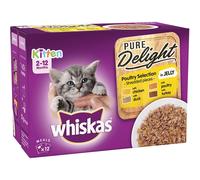Whiskas 2-12 Months Kitten Pure Delight Wet Cat Food Pouches, Delicious and Tasty Poultry Selection in Jelly, 12 x 85 g