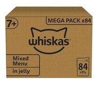 WHISKAS - 7+- Senior Wet Cat Food Pouches - 84 x 85 g - Mixed Selection in Jelly - Bulk Cat Food Megapack - 84 Pouches