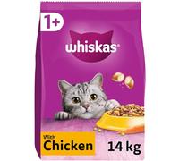 Whiskas Adult 1+ Dry Cat Food, Chicken Biscuits, 14kg (2 x 7kg Bags), Nutritionally Balanced, High Protein, Supports Healthy Skin & Coat, Tasty Meal for Adult Cats, Easy-to-Serve Biscuits
