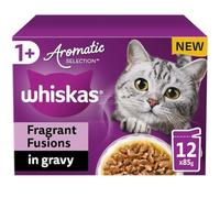 WHISKAS Cat Pouches Aromatic Fusion in Gravy 4x 12x85g - Tasty Wet Cat Food with Mixed Flavors in Gravy