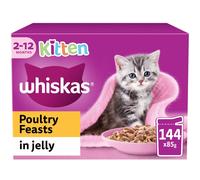 Whiskas Kitten Food Wet, 2-12 Months, Poultry Feasts in Jelly, 144 x 85g Cat Food Pouches