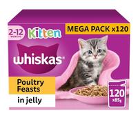 120 x 85g Whiskas Kitten Poultry Feasts Mixed Wet Cat Food Pouches in Jelly