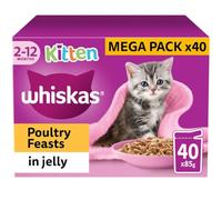 120 x 85g Whiskas Kitten Poultry Feasts Mixed Wet Cat Food Pouches in Jelly