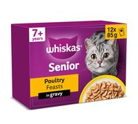 WHISKAS Senior 7+ Wet Cat Food in Gravy 12x85g Poultry Feasts (Pack of 4)