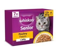 WHISKAS Senior 7+ Wet Cat Food in Jelly 12x85g Poultry Feasts (Pack of 4)
