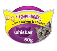 Whiskas Temptations 8 Packets, Tasty, Crunchy Treats for Adult Cats, bite size Snacks with a delicious Chicken & Cheese Filling, Pack of 8 (8 x 60 g)