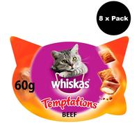 WHISKAS Temptations Cat Treats With Beef 8x60g - Crunchy Outside, Soft Centre, Under 2 kcal per Treat - 176310