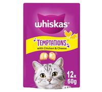 12 x 60g Whiskas Temptations Dual-Textured Cat Treats with Chicken & Cheese