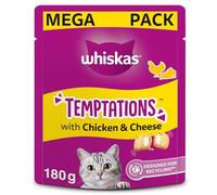 WHISKAS Temptations - Tasty, Crunchy Treats for Adult Cats, Small Bite Size Snacks with a Delicious Chicken and Cheese Filling, 4 x 180 g Packets - Pack May Vary
