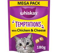 WHISKAS Temptations - Tasty, Crunchy Treats for Adult Cats, Small Bite Size Snacks with a Delicious Chicken and Cheese Filling, 4 x 180 g Packets -