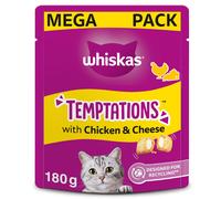 WHISKAS Temptations - Tasty, Crunchy Treats for Adult Cats, Small Bite Size Snacks with a Delicious Chicken and Cheese Filling, 4 x 180 g Packets - P