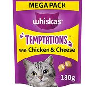 WHISKAS Temptations - Tasty, Crunchy Treats for Adult Cats, Small Bite Size Snacks with a Delicious Chicken and Cheese Filling, 4 x 180 g Packets - Pack May Vary