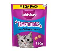 WHISKAS Temptations Tasty Crunchy Treats for Adult Cats Small Bite Size Snacks with a Delicious Salmon Flavour Filling, 4x180 g Packets Pack May Vary